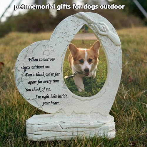 Pet Memorial Stone Headstone Grave Marker for Dog Loss Gift | Pet Dog Gravestone Tombstone, with Photo Frame, Outdoor or Indoor, Handmade of Resin, Heart Shape, Paw Prints Design
