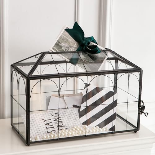 Wedding Card Box with Slot, 12.6'' Large Glass Card Boxes for Reception, Black Geometric Holder, Clear Decorative Storage Box with Lock for Baby Shower, Birthday Party, Christmas, Bridal Shower - color: Black 12.5'' with arch