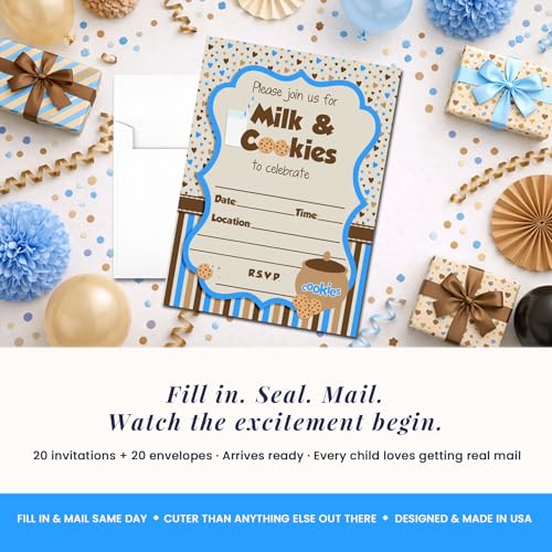 Milk and Cookies Birthday Party 20 Invitations 5"x7" Double-Sided Fill-In Cards with Envelopes, Kids Party Stationery Set, Cute Milk & Cookie Jar Theme for Boys, Made in USA by Amanda Creation - color: Milk and Cookies