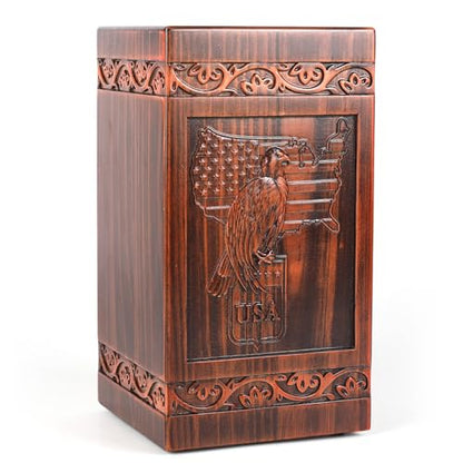 Eagle and American Flag Wooden Urn for Human Ashes Adult – Full Size 300 Cubic Inches Cremation Urn (11.3” H), Carved Solid Wood Patriotic Memorial Urn for Military Veteran or Father