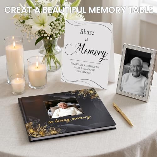 Funeral Guest Book, in Loving Memory Sign in Book with Photo Slot | 330 Entries, Table Sign Card Included, Gold Stamping, Twill-Textured Paper Cover, Celebration of Life Keepsake, 9x7.5", Black - color: Black Photo