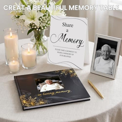 Funeral Guest Book, in Loving Memory Sign in Book with Photo Slot | 330 Entries, Table Sign Card Included, Gold Stamping, Twill-Textured Paper Cover, Celebration of Life Keepsake, 9x7.5", Black - color: Black Photo