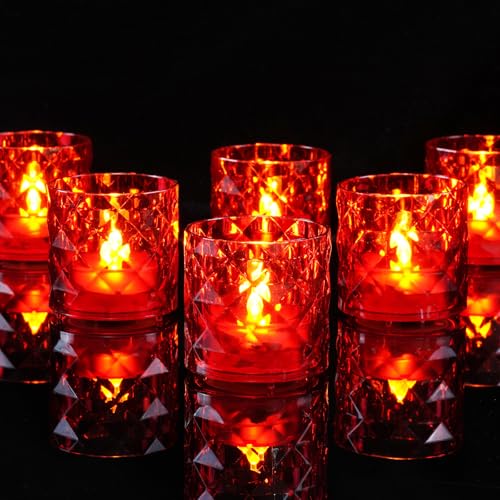 Homemory 2" Red Acrylic Votive Candle & Holders with Auto Timer, 12 Pack | 6h auto timer, flicker Warm White glow, Pre-installed batteries, shatterproof acrylic, waxless smokeless, holiday party decor - color: Red, size: 12 Pack