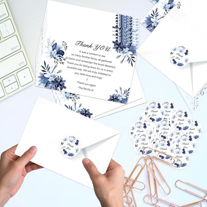 50 Pcs Funeral Sympathy Thank You Cards with Envelopes and Stickers, Sympathy Thank You Cards with Watercolor Blue Flower Bereavement Message for Memorial Service Loved Ones Celebration of Life