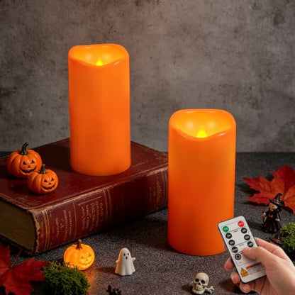 Amagic 3"x6" Flameless Candles, Waterproof LED Pillar Candles, Set of 2 - color: Orange, size: 2 Pack, D3"xH6"