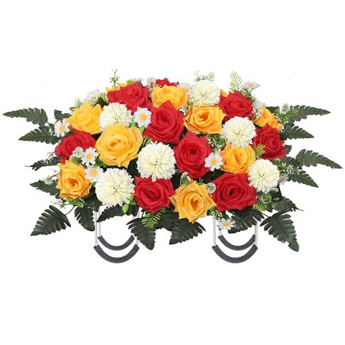 Lodou Artificial Cemetery Flowers,Headstone Flower Saddle,Realistic Vibrant Roses,Cemetery Memorial Flowers for Outdoor Tombstone Decorations (Red Yellow) - color: Red Yellow