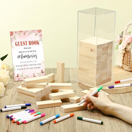 Beeveer 80 Pcs Wedding Guest Book Alternative Wooden Block Guest Book for Wedding Sign in Bridal Shower Decoration 54 Pcs Wooden Block Bridal Shower Game for Sign in, Reception(Floral) - style: Floral