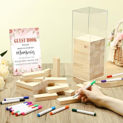 Beeveer 80 Pcs Wedding Guest Book Alternative Wooden Block Guest Book for Wedding Sign in Bridal Shower Decoration 54 Pcs Wooden Block Bridal Shower Game for Sign in, Reception(Floral) - style: Floral