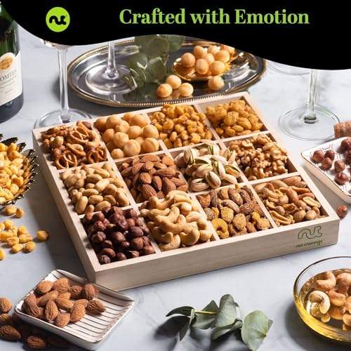 NUT CRAVINGS Gourmet Collection (12 Assortments) Sympathy Condolence | Nuts Gift Basket with Sympathy Ribbon + Greeting Card in Reusable Wooden Tray, Food Platter Healthy Snack Care Package