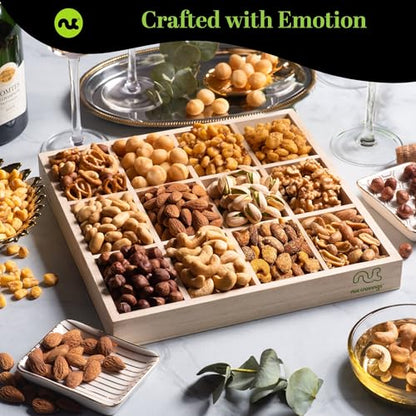NUT CRAVINGS Gourmet Collection (12 Assortments) Sympathy Condolence | Nuts Gift Basket with Sympathy Ribbon + Greeting Card in Reusable Wooden Tray, Food Platter Healthy Snack Care Package
