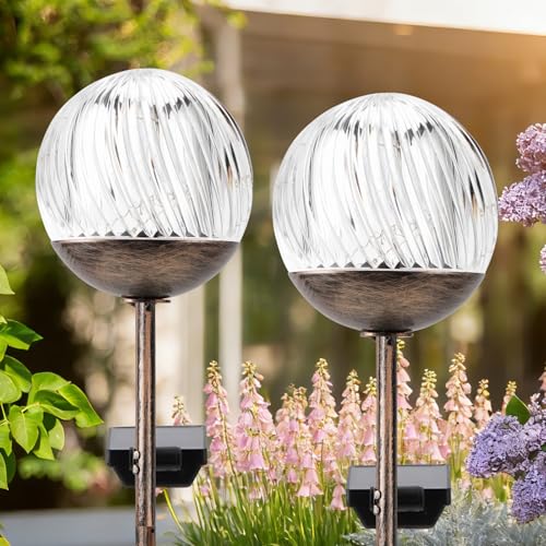 Solar Globe Stake Lights - Twinkle Effect Outdoor Acrylic Ball Garden Lights , Elegant Solar Light,Exquisite Garden Solar Balls light for Yard, Pathway, Patio, gifts for Mom (Bronze stake, 2 pack) - color: Bronze