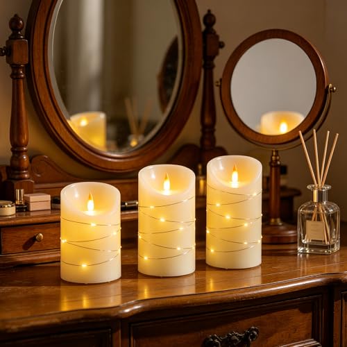 Rechargeable LED Candles, Real Wax, 4 5 6 in, Ivory, 3 Pack | USB rechargeable real wax candles with remote, timer and star lights - color: Ivory White