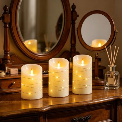 Rechargeable LED Candles, Real Wax, 4 5 6 in, Ivory, 3 Pack | USB rechargeable real wax candles with remote, timer and star lights - color: Ivory White