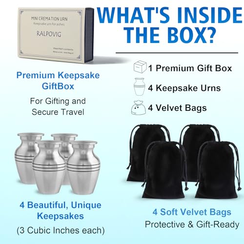 Small Urns for Human Ashes，Aluminium Mini Urns，Lightweight Keepsake Urns with Bag and Case(Silver,Set of 4)