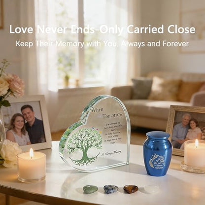 Tree of Life Small Urn,Crystal Heart Mini Urn with Blue Tiny Urn & Four Heart-Shaped Stones,Small Keepsake Urns for Human Ashes Memorial Urn for Mom/Dad's Ashes Tiny Cremation Sharing Urn