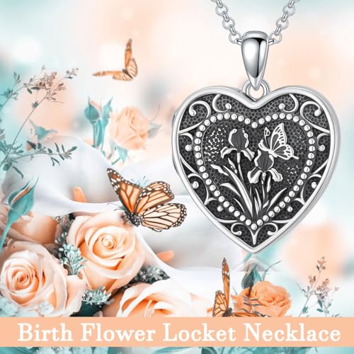 PELOVNY Birth Flower Locket Necklace for Women 925 Sterling Silver Flower Butterfly Heart Photo Locket Pendant Birthday Christmas Jewelry Gifts for Mom Daughter Wife Sister - color: 02-Iris