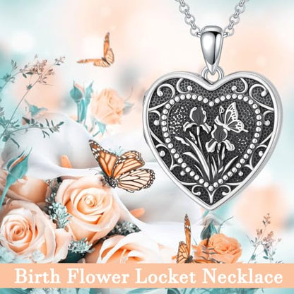 PELOVNY Birth Flower Locket Necklace for Women 925 Sterling Silver Flower Butterfly Heart Photo Locket Pendant Birthday Christmas Jewelry Gifts for Mom Daughter Wife Sister - color: 02-Iris