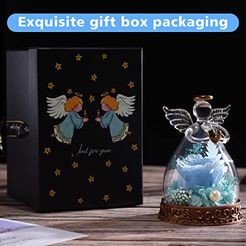 Preserved Real Rose in Glass Angel Figurine with LED Light, Angel Gifts for Women, Mom, Grandma on Mother's Day Christmas Birthday (Blue) - color: Blue