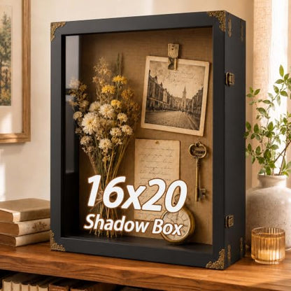 16x20x4.7 Inch Large Shadow Box Frame, 3.5-Inch Deep (Rustic Black) | Tempered glass, solid wood and linen backing for rustic wall display of wedding bouquets, graduation caps and keepsakes - color: Rustic Black, size: 16x20 Inch