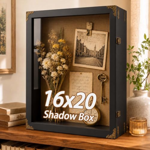 16x20x4.7 Inch Large Shadow Box Frame, 3.5-Inch Deep (Rustic Black) | Tempered glass, solid wood and linen backing for rustic wall display of wedding bouquets, graduation caps and keepsakes - size: 16x20 Inch