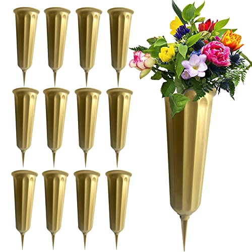 12 Pack Memorial Flower Vase Plastic Cemetery Vases with Spikes Cemetery Decorations for Grave Decorations for Flowers Plastic Vases - color: Glod