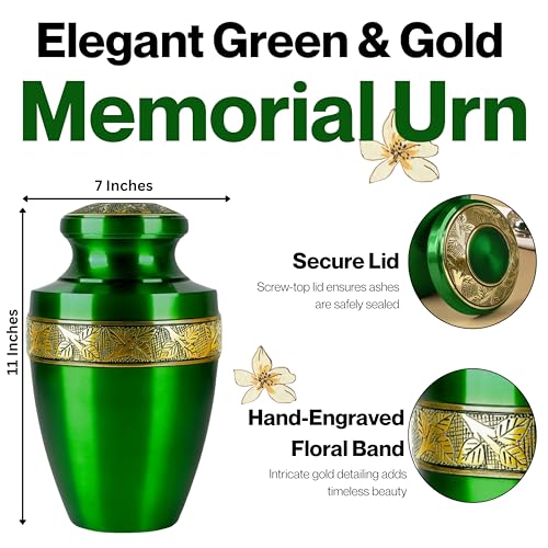 CLEENTABLE Hand-Engraved Cremation Urn for Human Ashes, Green - color: Green & Gold, size: Hand-Etched Leaf - 7x11"