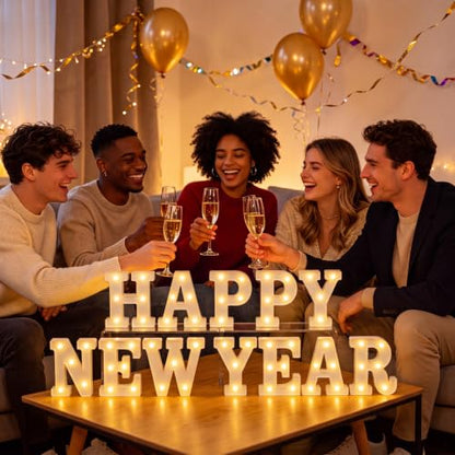 12 Pcs Happy New Year Decorations 2027 New Year's Eve Light up Signs Battery Powered LED Letter Lights for Wall Shelf Table 2027 Midnight Celebration Party Supplies Winter Home Decor - style: Happy New Year