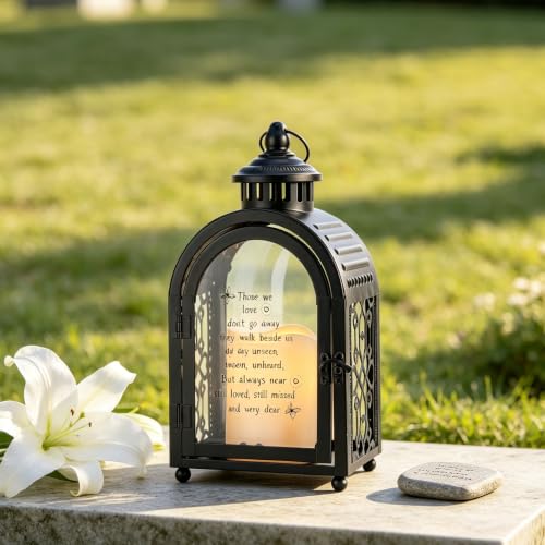 TRIROCKS Memorial Lantern 11'' High Walk Beside Us Remembrance Lantern With Automatic Timer LED Candle And Love Pattern Bereavement Sympathy Gifts For Funeral Memorial Service Loss of Loved One(Black) - color: Black
