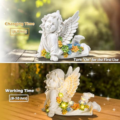 Garden Angels Outdoor Statue, Solar Cherub Baby Angel with Succulent | 7'' Resin Angel Statue with Warm Glow, Memorial Angel Figurines Gardening Gifts for Mother Grandma Yard Patio Lawn Decoration - style: Playful Cherub