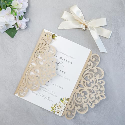 20Pcs Champagne Laser Cut Wedding Invitation Cards With Envelopes - color: Champagne