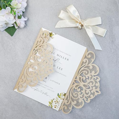 20Pcs Champagne Laser Cut Wedding Invitation Cards With Envelopes - color: Champagne