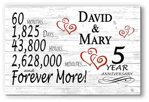 Personalized 5 Year Anniversary Sign Gift 5th Wedding Anniversary Present For Couple Days Minutes Years - Solid Wood - 16.5in x 10.5in x .75in (05 Year) - color: 05 Year
