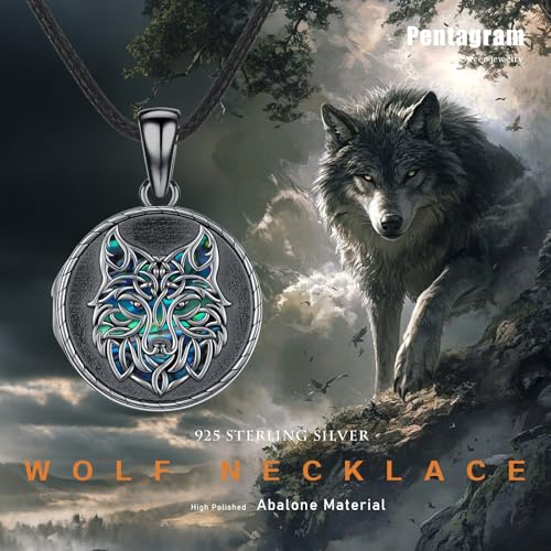 MEDWISE 925 Sterling Silver Locket Necklace That Holds Pictures Photo Necklace Oxidized Rose Flower/Sunflower/Compass/Celtic Heart Pendnat Lockets Gifts for Women Birthday Christmas Gifts - style: I-Wolf