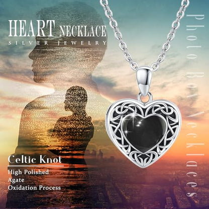 Locket Necklace for Women 925 Sterling Silver Celtic Locket Pendant Necklace Moonstone/Turquoise/Black Agate Heart Shaped Locket Necklace Jewelry Gifts for Women - style: Black Agate