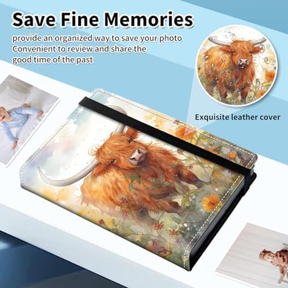 Photo Album 4x6 120 Pockets Photos with Elastic Band, Cute PU Leather Photo Books Small Mini Capacity Picture Album for Family Wedding Travel Anniversary Baby Vacation Pictures, Highland Cow - color: Highland Cow