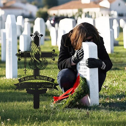 Memorial Cross Grave Marker with Praying Hands & Rosary - color: Cross