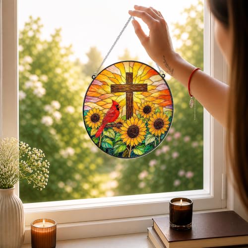 Cardinal with Jesus Cross & Sunflower Memorial Suncatcher, 8" Christian Stained Glass Wavy Acrylic, Sympathy Gift for Loss of Loved One, Mom, Dad, Grandma, Family Member, Religious Gifts for Women - color: Cardinal - Sunflower