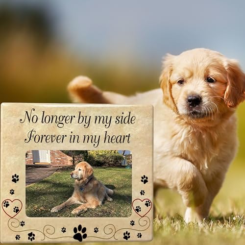 Pet Memorial Picture Frame, Ceramic Pet Loss Gift with Sympathy Quote “No Longer By My Side Forever In My Heart” – Dog & Cat Memorial Photo Frame for Rainbow Bridge Remembrance – 8” x 7.25” - size: 1 pack