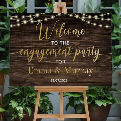 Personalized Rustic Wood Engagement Party Welcome Sign | Personalized Couple Names & Date | String Lights Design | Durable Waterproof PVC Board for Outdoor Indoor Events - color: Design 22