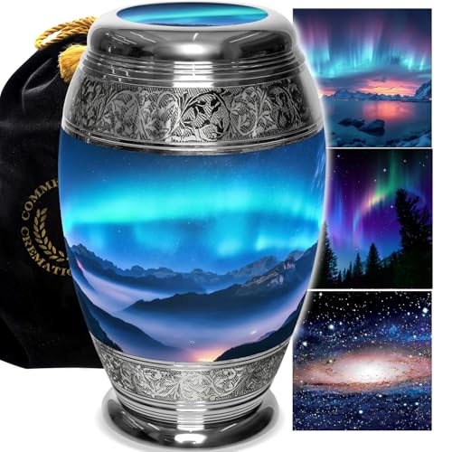 Aurora Borealis Cremation Urns for Human Ashes Adult Male Urns for Ashes | Large Northern Lights Cremation Urn for Ashes Adult Male & Female, Metal, Threaded Lid, Felt Bottom - color: Aurora Borealis, size: Large