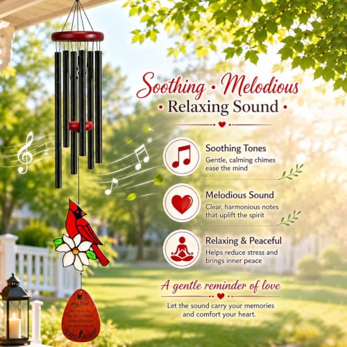 Cardinal Memorial Wind Chimes for Loss of Loved One, Lasting Sympathy Gift for Loss of Mother/Dad/Husband, Rustproof Aluminum for Outside Patio Porch Garden Decor