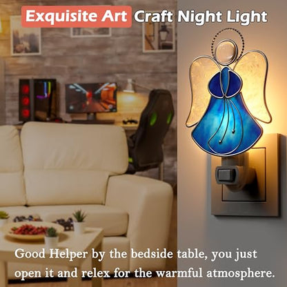 Stained Glass Blue Guardian Angel Night Lights Plug into Wall - color: Blue Angel