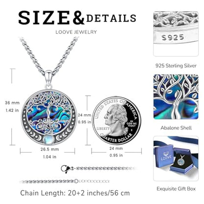 Sterling Silver Tree of Life Necklace for Women Oval Family Tree Necklace Abalone Shell Moonstone Pendant Mother Day Necklace for Mom Tree of Life Jewelry - style: Tree of Life-Moon Phase