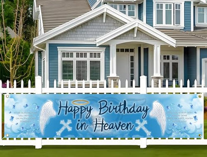 YzYbuaego Happy Birthday in Heaven Banner Funeral Party Yard Sign Decorations Happy Birthday in Heaven Yard Banner for Birthday Anniversary Funeral Party Supplies