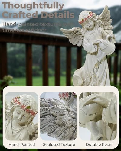 Solar Angel Statue, Warm Light Resin Garden Decor, 10 Inch | Hand-Painted, Weatherproof, Soft Warm Flowing Light, Gift for Women, Peaceful Accent