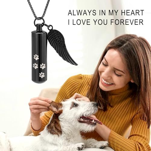 Cylinder Cremation Jewelry Urn Necklace Pet Ashes Pet Paw Memorial Ashes Necklace with Angel Wing for Dog/Cat Keepsake Jewelry for Men Women - color: Black（Medium）