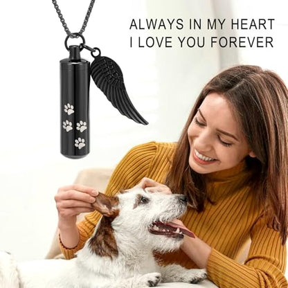 Cylinder Cremation Jewelry Urn Necklace Pet Ashes Pet Paw Memorial Ashes Necklace with Angel Wing for Dog/Cat Keepsake Jewelry for Men Women - color: Black（Medium）