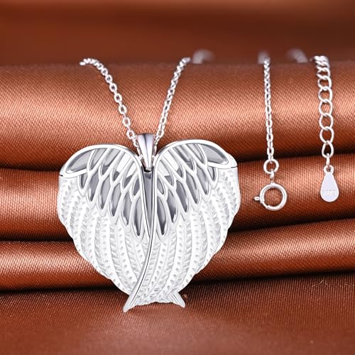 MicLee Women Photo Locket Necklace 925 Sterling Silver Heart Shape Feather Wings Pattern Picture Locket Necklace - color: Silver
