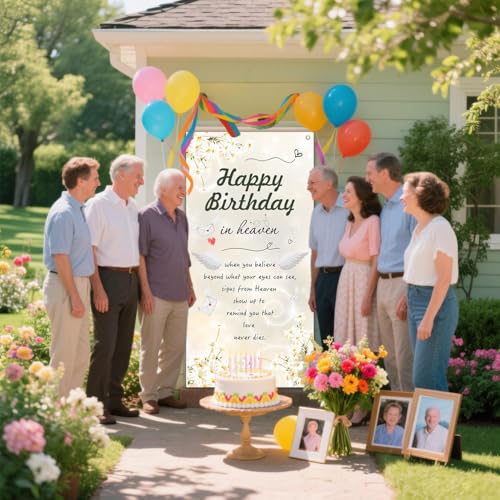 Happy Birthday in Heaven Door Banner Remembrance Memorial Decorations Funeral Memorial Door Banner Heavenly Birthday Remembrance Sign for Cemetery 70.8 * 35.4 inch White