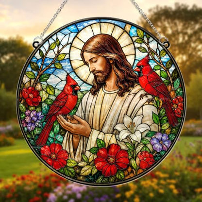 Jesus with Cardinals Memorial Suncatcher, 8" Christian Stained Glass Wavy Acrylic Window Hanging, Sympathy Gift for Loss of Loved One, Mom, Dad, Grandma, Family Members, Religious Gifts for Women - color: Jesus With Cardinals